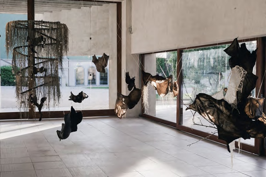 Máret Ánne Sara, Gutted - Gávogálši (2022) and Ale suova sielu sáiget (2022). Exhibition view at the Sámi Pavilion, 59th International Art Exhibition – La Biennale di Venezia
